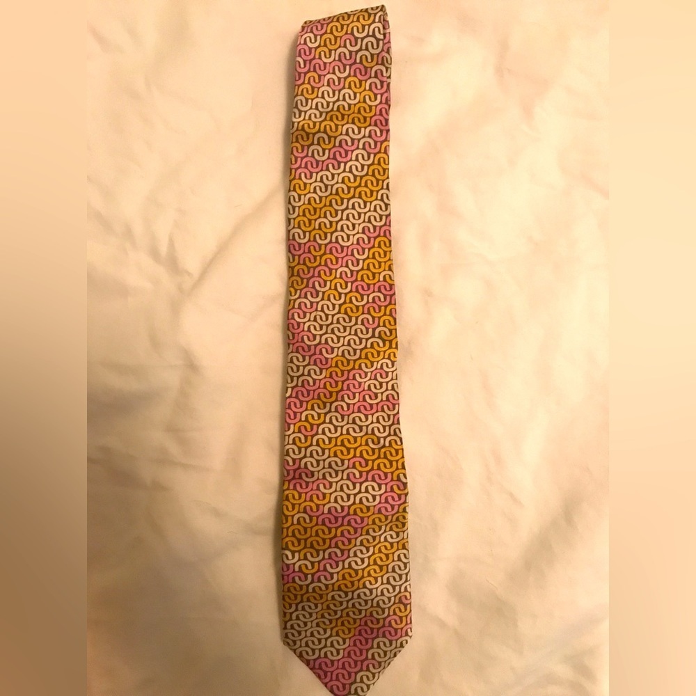 Hand Sewn Silk Tie with Geometric Pink, Gold, and Gray Print